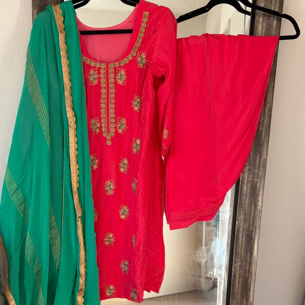 Elegant Red and Green Embroidered Salwar Suit